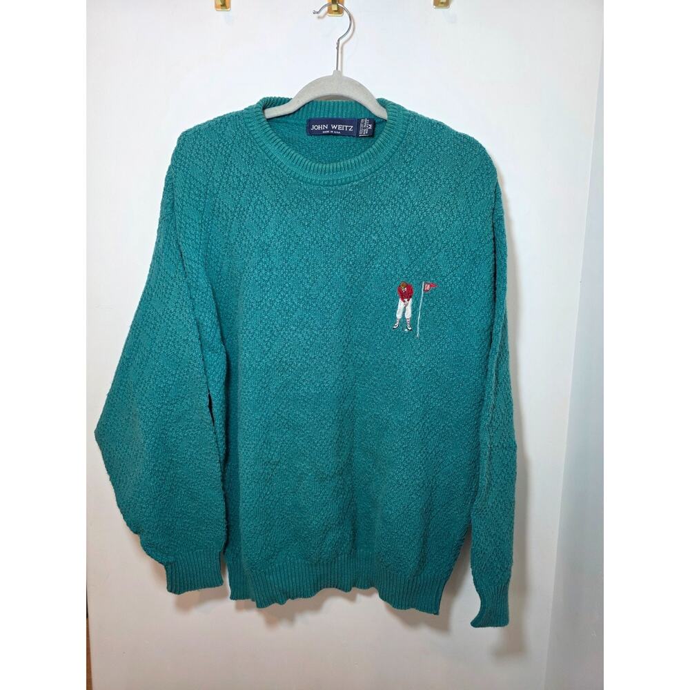 Vintage John Weitz Golf Sweater Medium Cotton Embroidered Green Made In USA